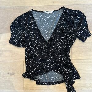 All in Favor Black and White Puff Sleeve Wrap Blouse